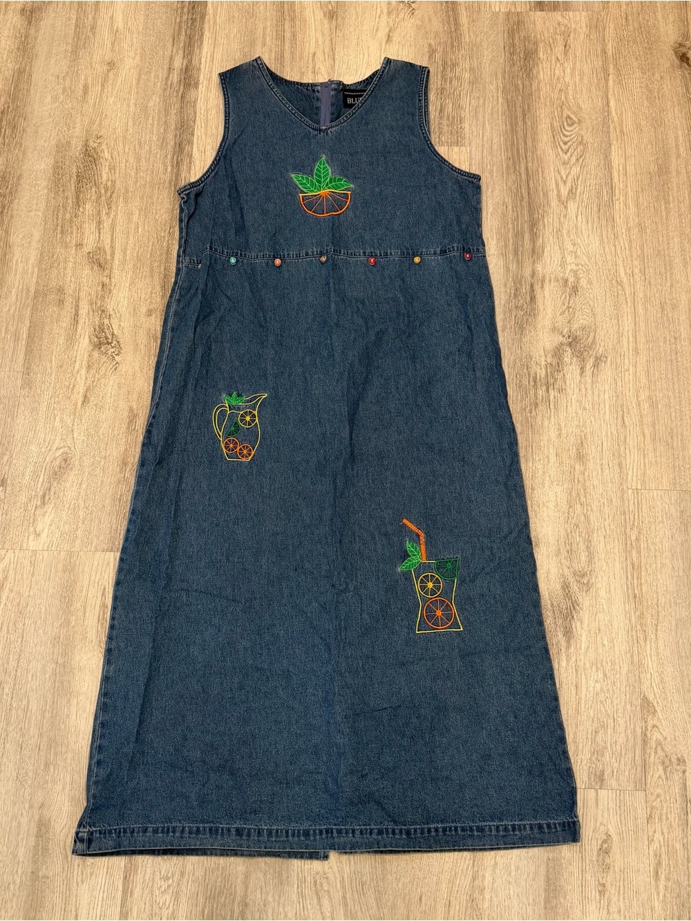 Vintage Blue J Embroidered Denim Midi Dress 100% Cotton Size Medium